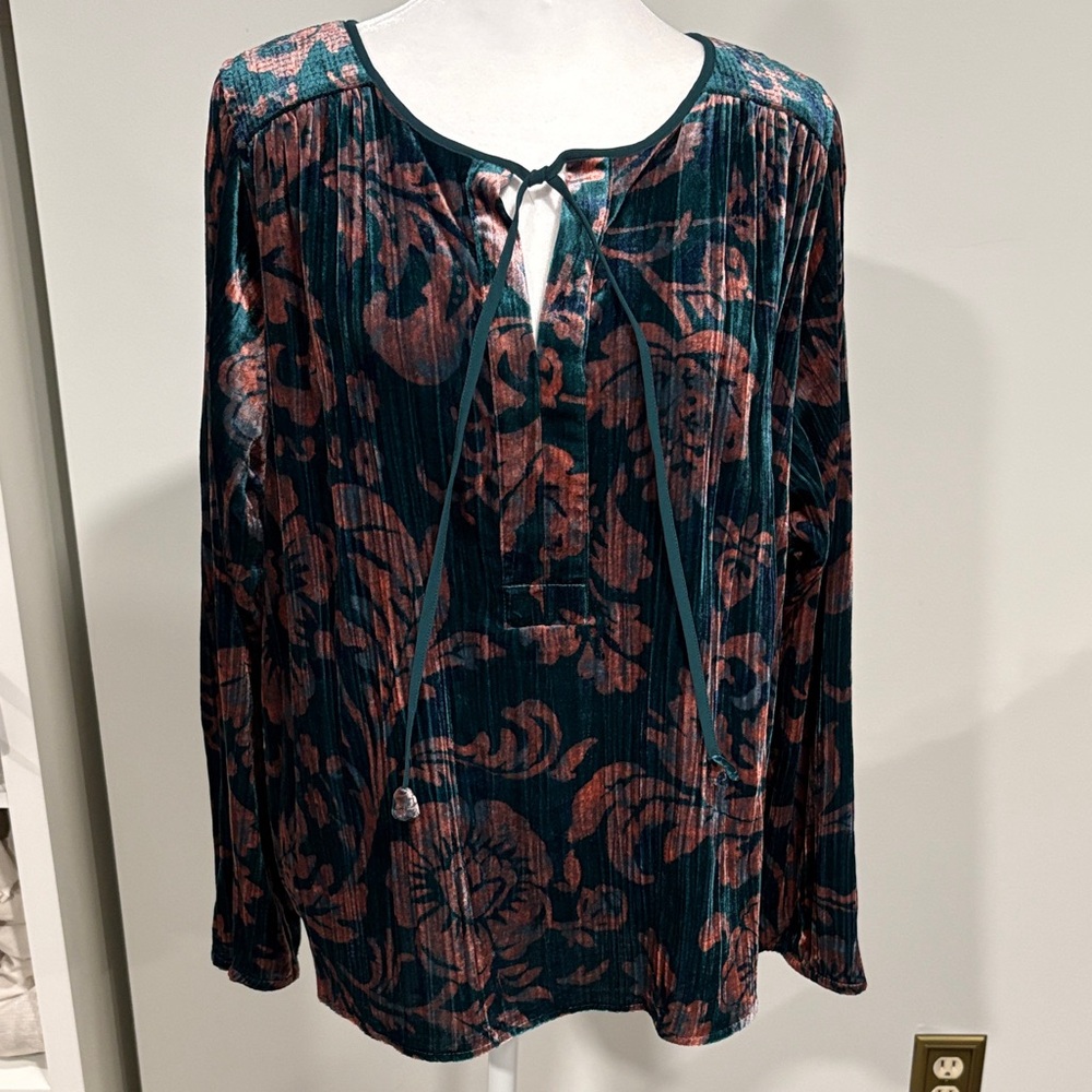 Anthropologie Teal and Pink Floral Velvet Blouse Small but generous cut